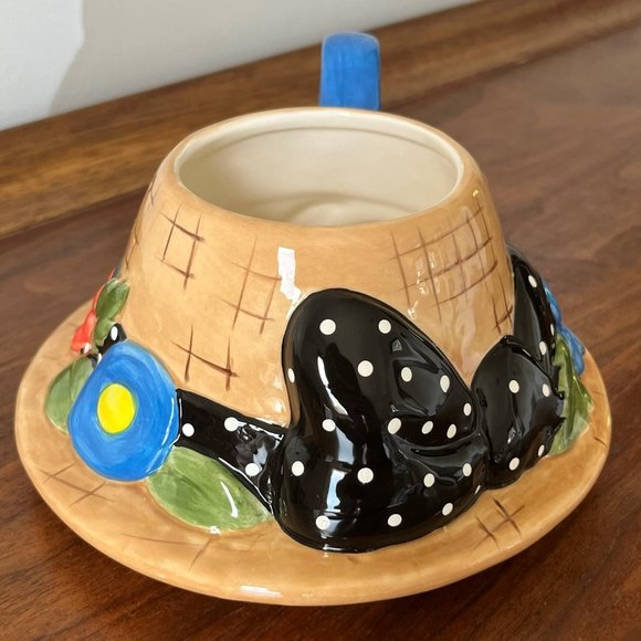 Mary Engelbreit Straw Hat Figural Mug by Charpente 1995 Polka Dot Bow & Flowers - Picture 4 of 9